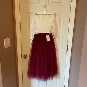 White and maroon flower girl dress